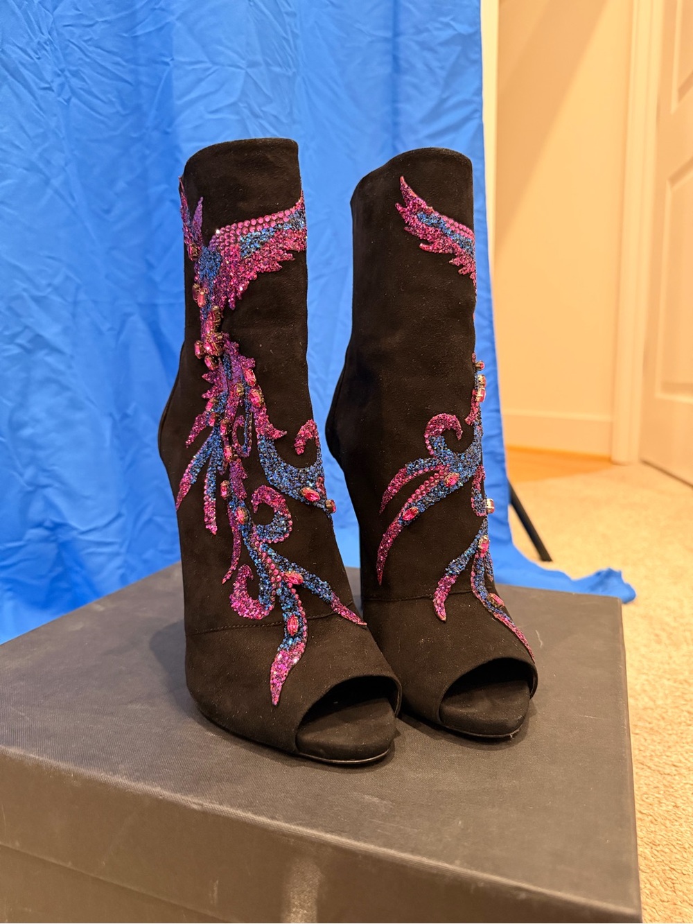 Giuseppe Zanotti Phoenix Peep-Toe Ankle Boots with Pink & Blue Embroidery